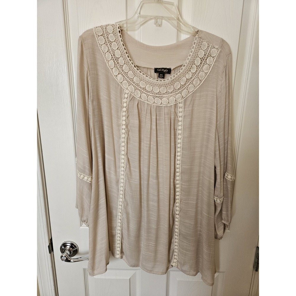 NWT Cal Style USA Women's Long Sleeve Slight Sheer BOHO Lace Trim Blouse, 2XL